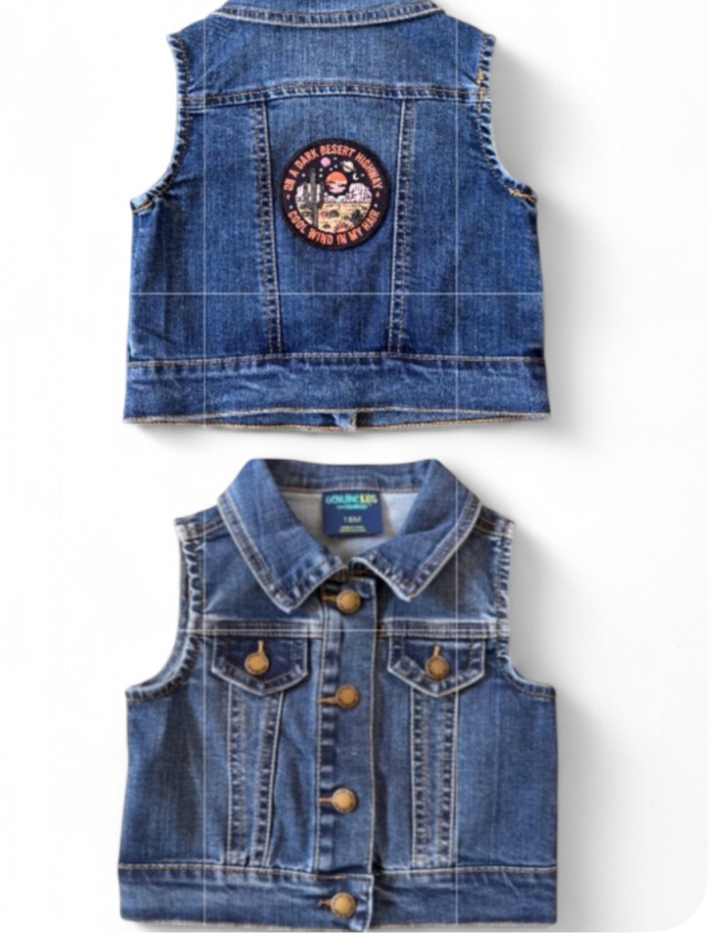 “DESERT HWY COLD WIND” Custom Genuine Kids OshKosh Hand-Sewn Patch Denim Vest